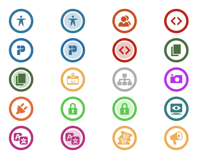 Nos badges WordPress.org : Accessibilité, BuddyPress, Core, Performance, Documentation, Orateur, Meetups, Meta, Photo, Extensions, Securité, Tests, Polyglottes, Organisateur de WordCamp