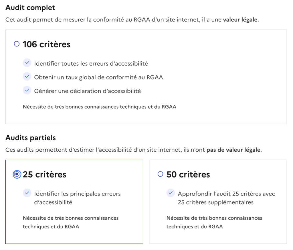 Capture d'écran de l'outil ARA montrant les différents types d'audit RGAA réalisables : Audit complet ou Audit partiel.