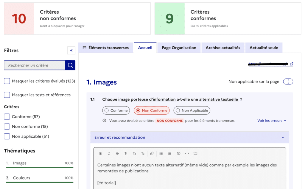 Capture d'écran montrant un panorama général de l'nterface de saisie d'audit RGAA proposée par ARA