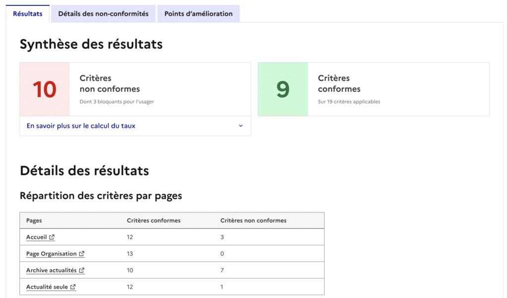 Capture d'écran de la synthèse des résultats d'un audit flash rgaa réalisé avec l'outil ARA