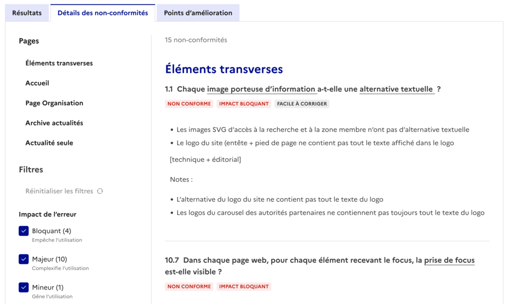 Capture d'écran de la du détail des non conformités d'un audit flash rgaa réalisé avec l'outil ARA