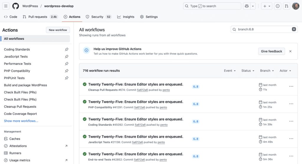 Capture d'écran montrant les tests lancés automatiqument sur GitHub lors d'un commit sur le code source de WordPress