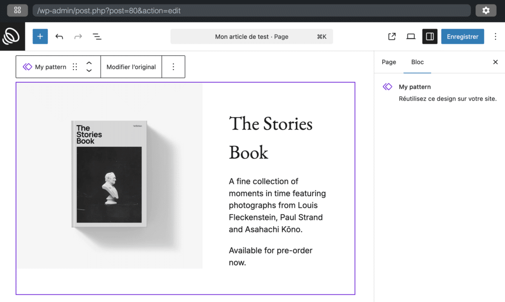 Capture d'écran de l'ajout d'une composition synchronisée dans l'éditeur Gutenberg (cliquer pour ouvrir l'image dans un nouvel onglet)