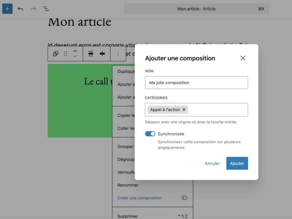 Capture d'écran des options de création d'une composition sur l'interface de Gutenberg, l'éditeur de contenu de WordPress