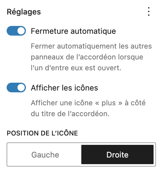 Sur le bloc Accordéon disponible avec WordPress 6.9, 3 réglages sont disponibles. Ceux-ci sont décrits dans le texte qui précède cette image.